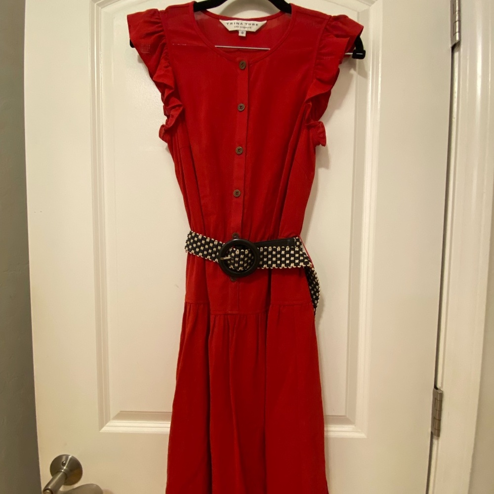 Trina Turk red button down belt dress cotton size 0/XS